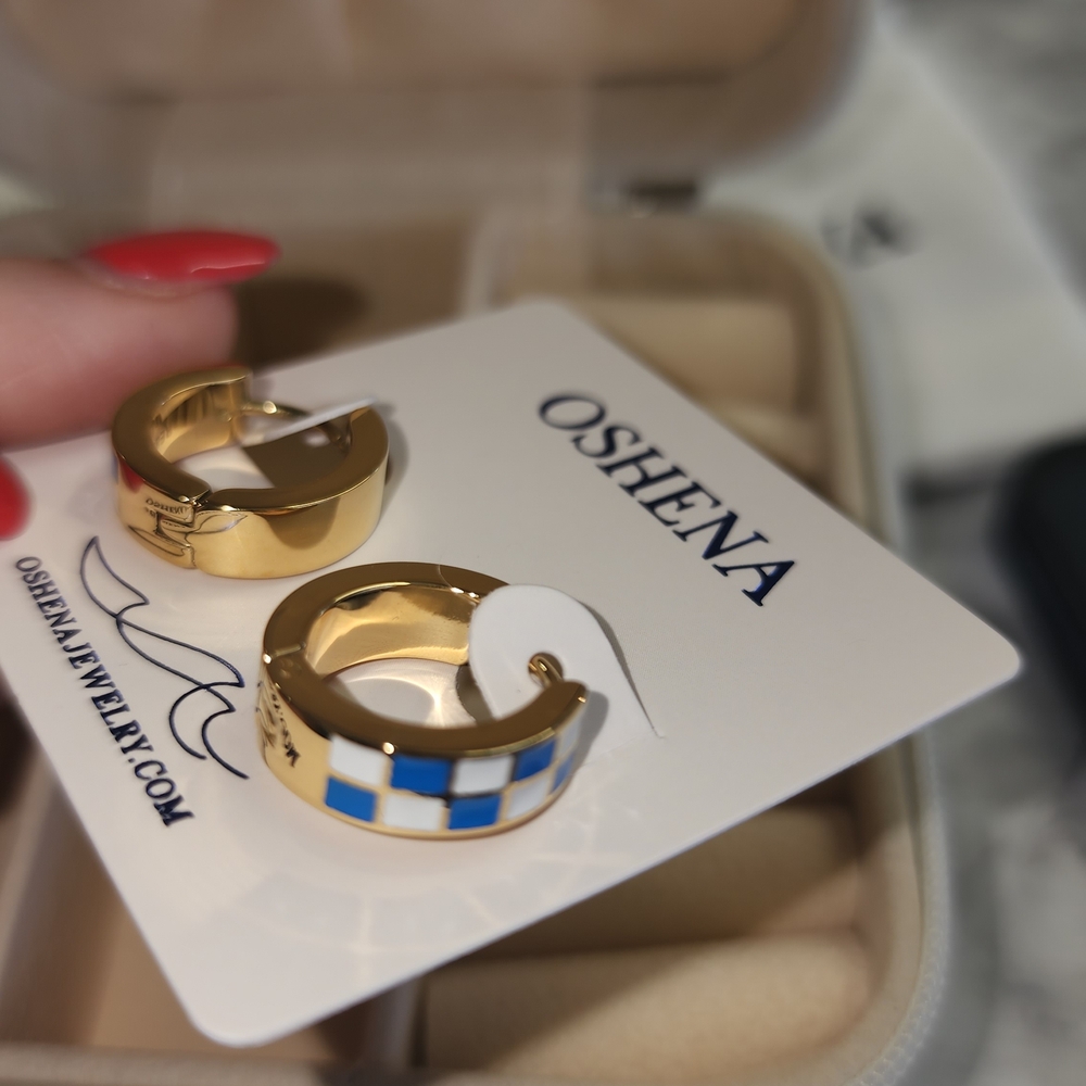 Gold and Blue Checkered Hugger Earrings